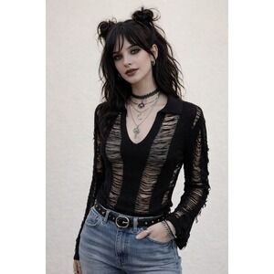 Black Womens Distressed Black Top Moody Witchy Deconstructed Ripped Ladder Small
